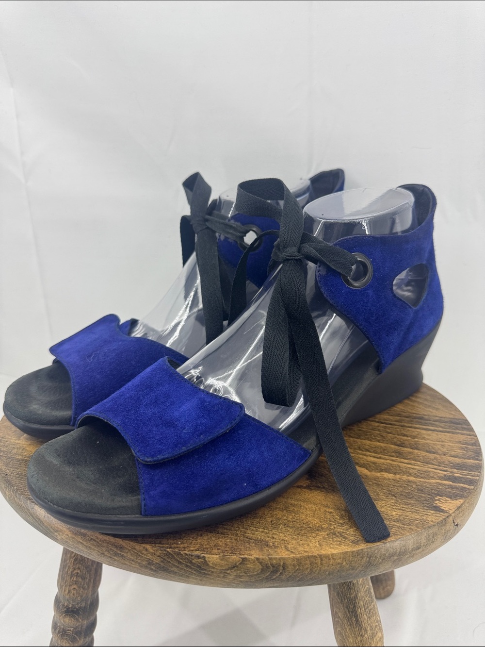 Wolky Womens Blue Suede Platform Wedge Lace-up Sandals, Cutouts & Ankle Ties, 41